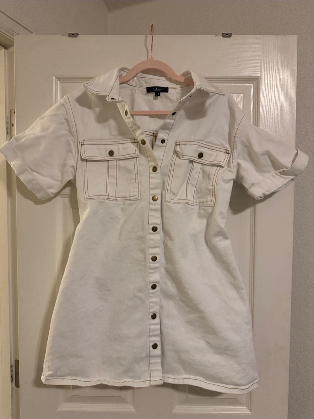 Lulu's Short-Sleeve Snap Button White Denim Dress